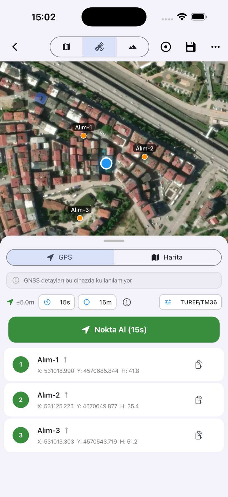 GeoShift GNSS arazi ölçümü ekranı