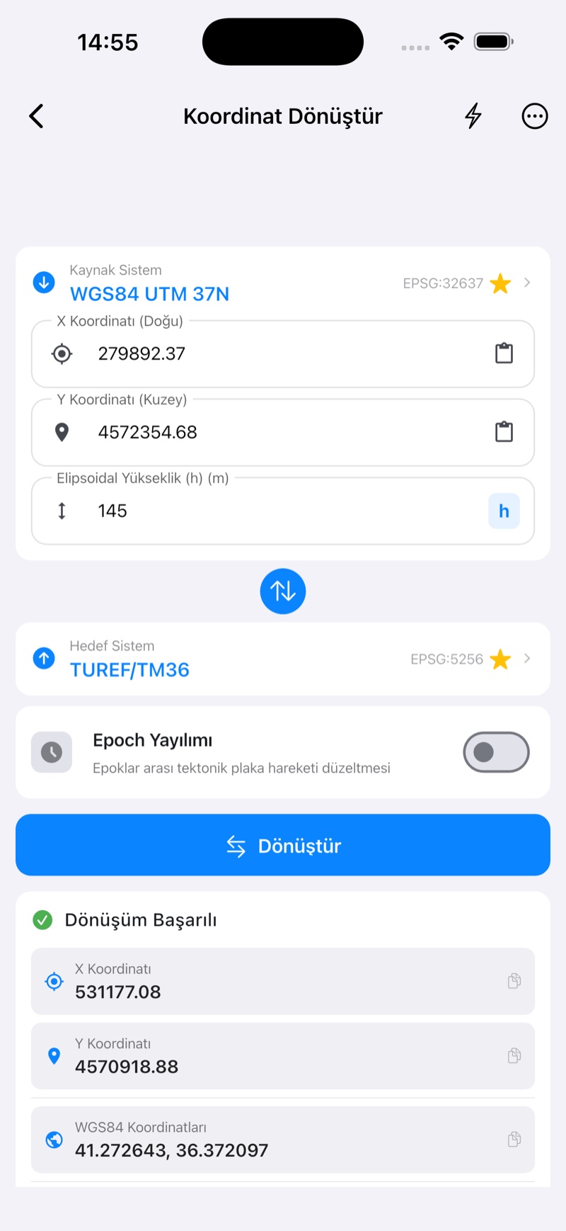 GeoShift koordinat dönüşüm ekranı