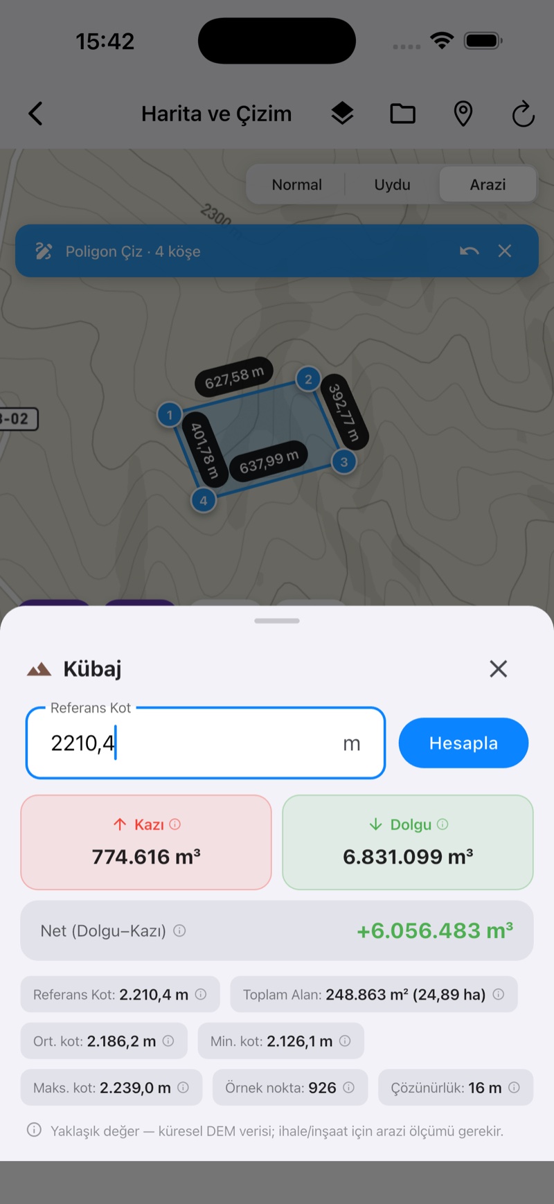 GeoShift kübaj (kazı/dolgu) ekranı