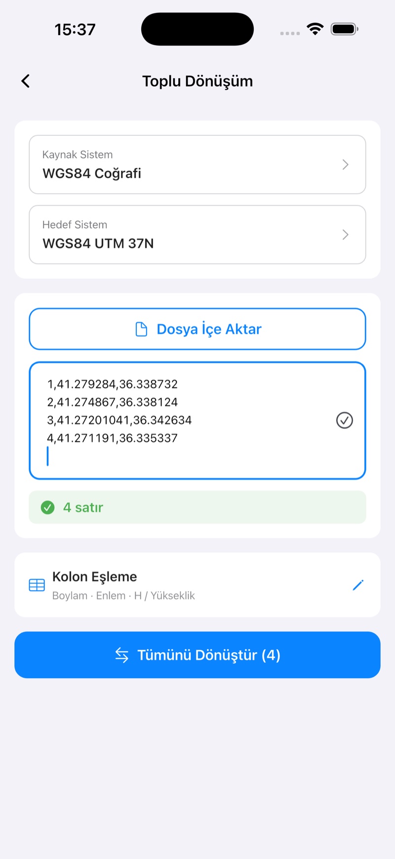 GeoShift toplu dönüşüm ekranı